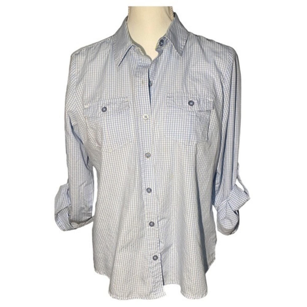 Laura Scott PETITE Plaid Pastel Blue Chest Pocket Long Sleeved Collared Buttoned